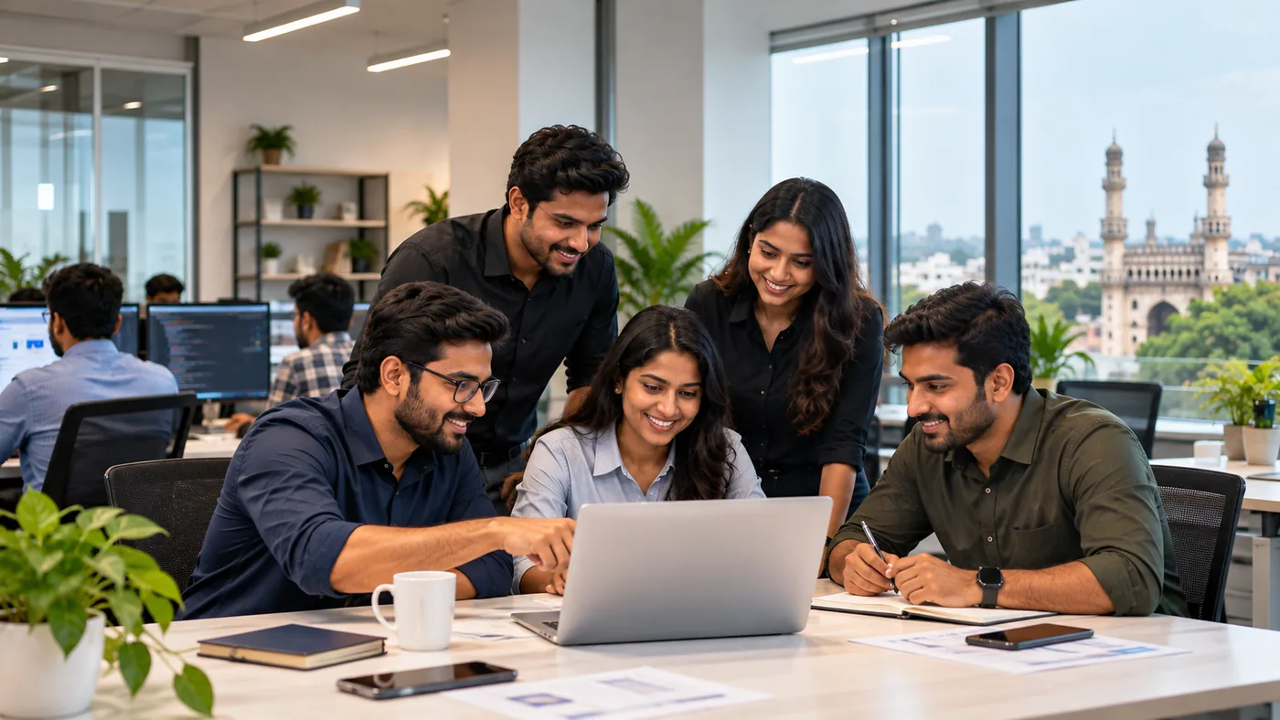 The SitePages team collaborating around a laptop