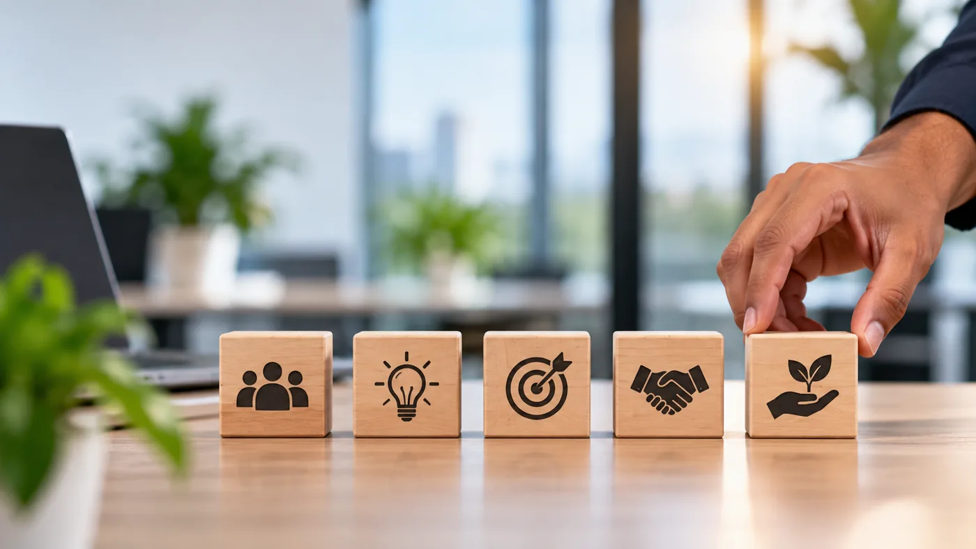 Wooden symbols representing people, ideas, goals, partnership and growth