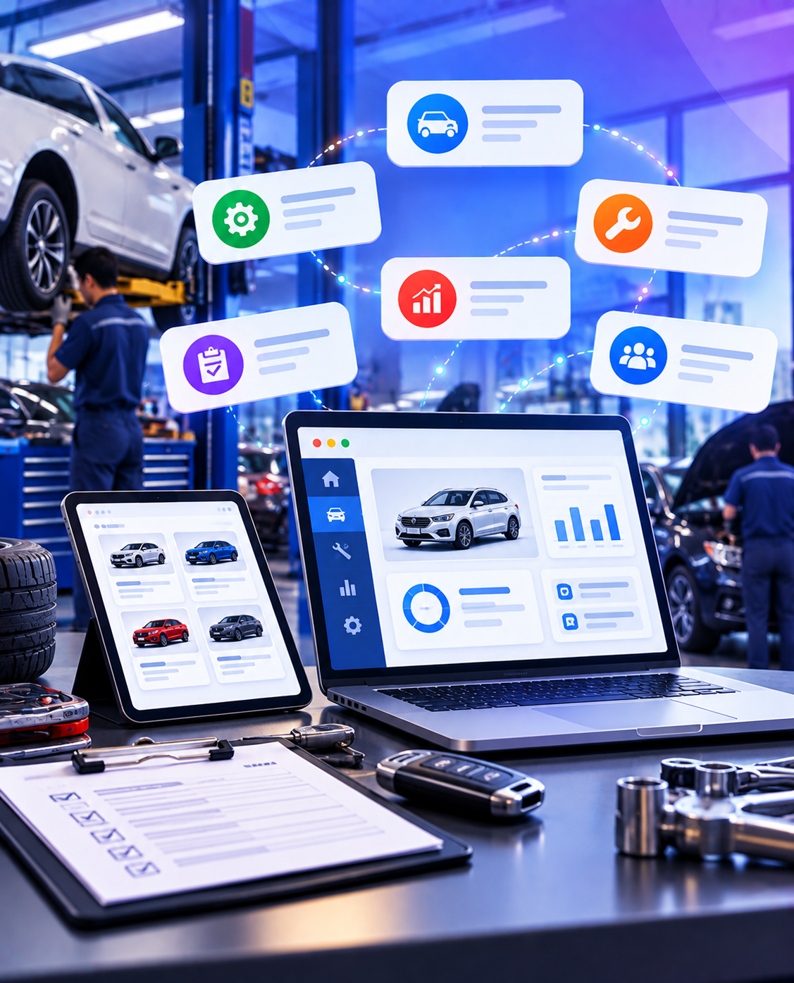 Car dealership website dashboard with vehicle listings inside an automotive service workshop