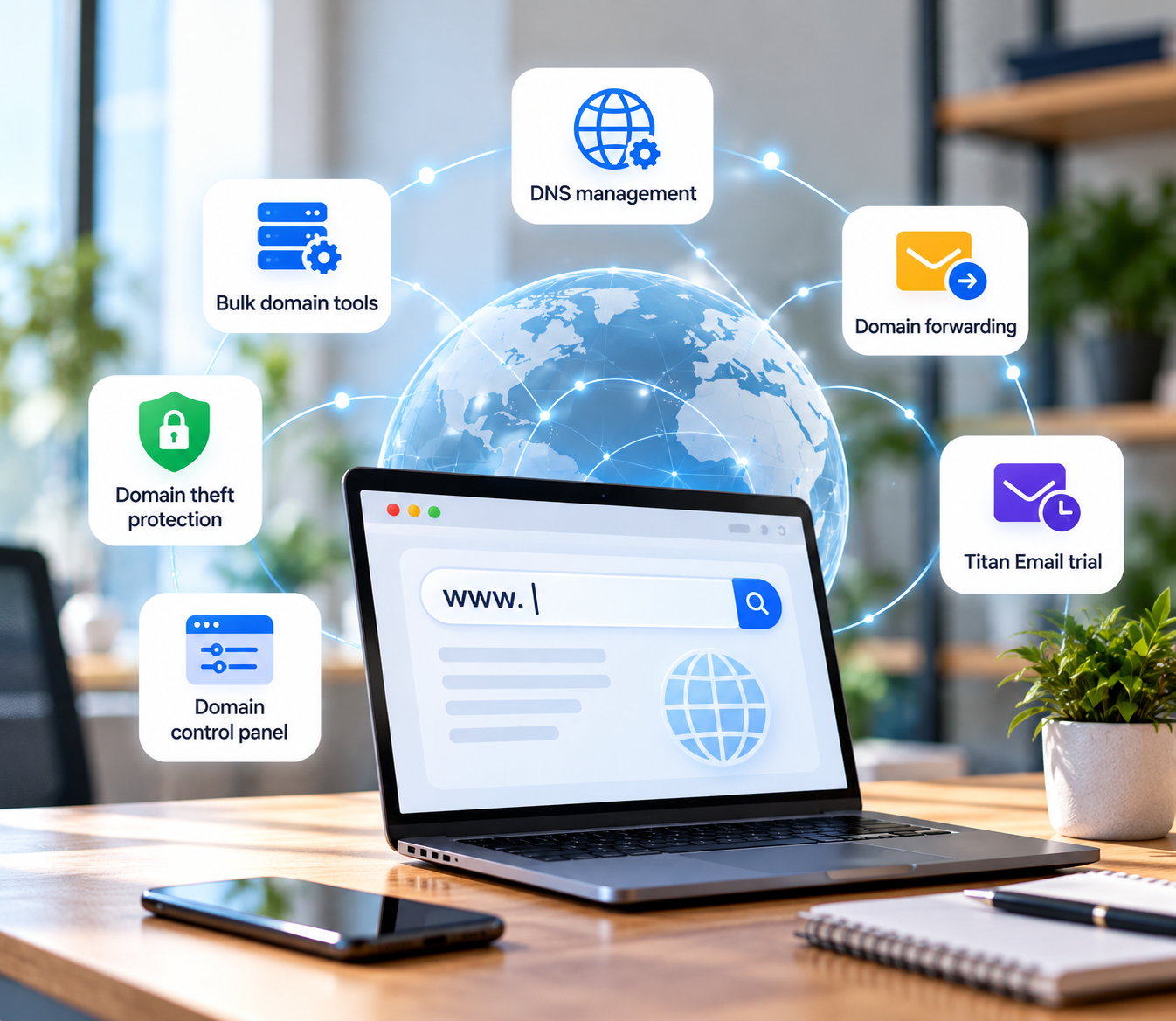 Domain management dashboard with DNS, forwarding and protection tools