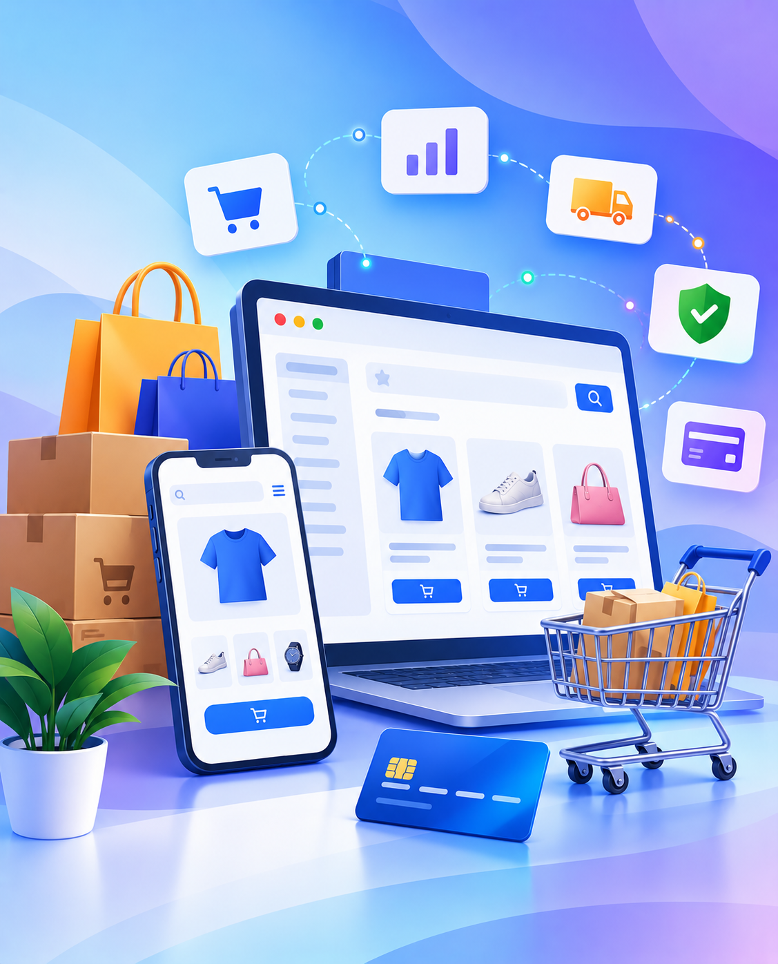 Laptop and phone displaying an online shop with shopping bags, parcels and a payment card