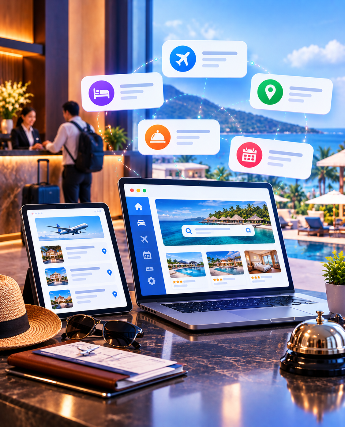 Hotel booking website on a laptop and travel search on a tablet at a resort reception