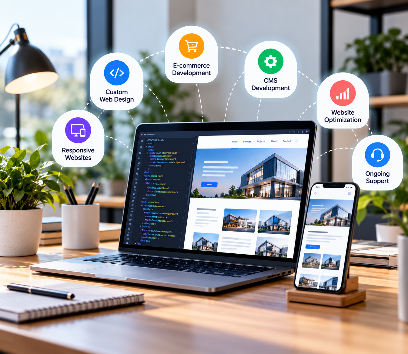 Custom website pages displayed across desktop and mobile layouts