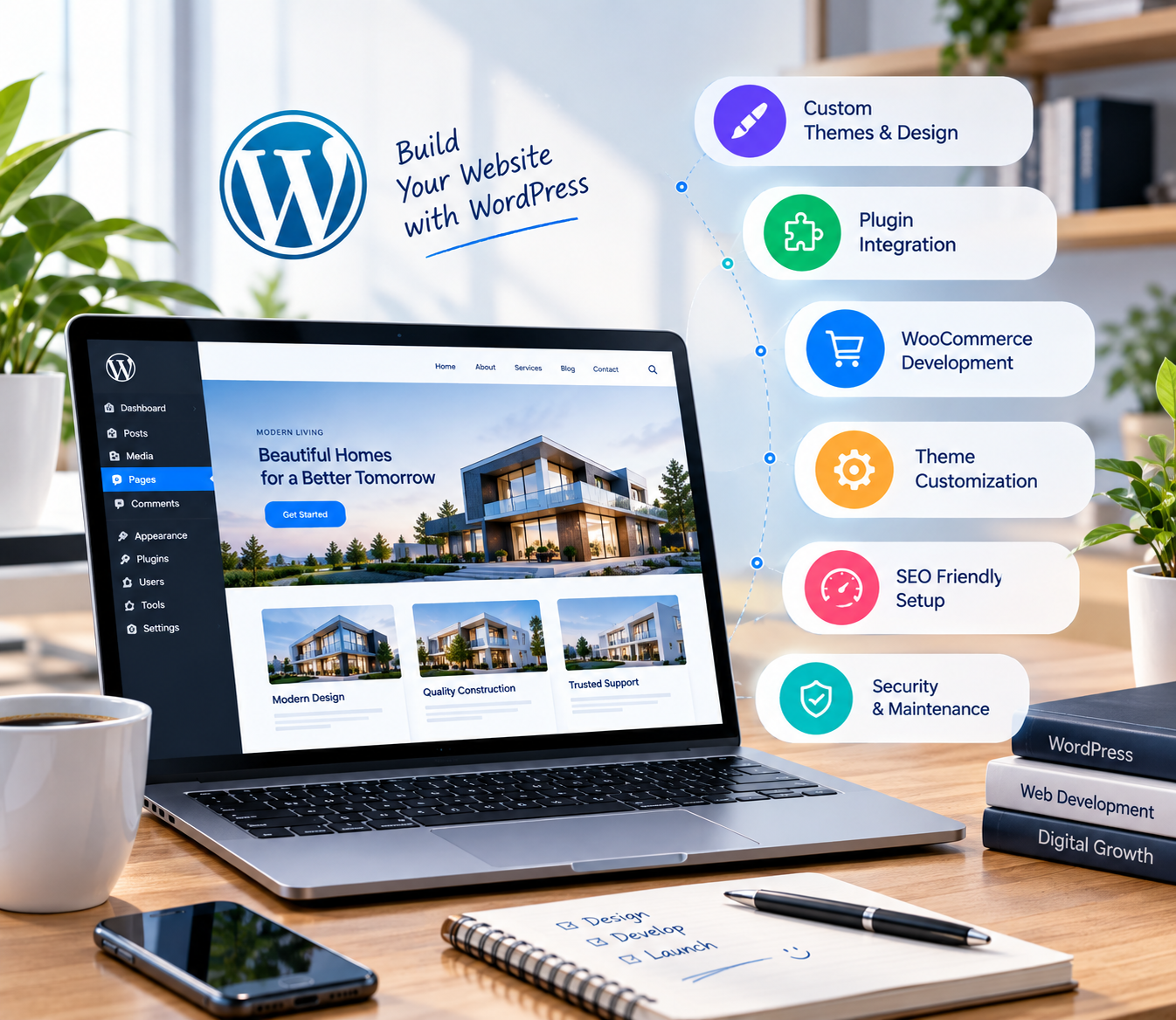 WordPress website design with content and page management tools